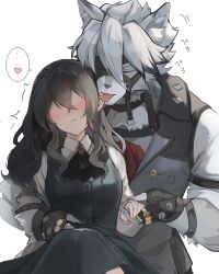 1boy 1girl artist_request black_dress black_gloves black_hair black_vest blush body_fur closed_eyes commentary_request dress ear_licking faceless faceless_female fingerless_gloves fingernails furry furry_male furry_with_non-furry gloves hetero highres holding_hands interspecies licking long_hair second-party_source sharp_fingernails short_hair simple_background tongue tongue_out translation_request vest von_lycaon white_background white_fur white_hair wolf_boy zenless_zone_zero