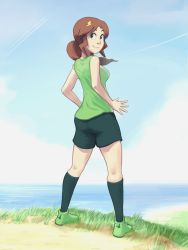 boot_straps brown_hair clogs cloud contrail grass green_eyes green_shirt green_shorts green_tank_top hair_ornament highres jewelry kneehighs lightning_bolt lightning_bolt_hair_ornament lightning_bolt_symbol looking_back michafrar nova_summers ocean original petticoat ponytail shirt shorts slip_showing socks tank_top