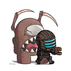 Rule 34 | 1boy, among us, armor, brown (among us), chibi, commentary, crewmate (among us), crossover, dead space, english commentary, fusion, gun, helmet, holding, holding gun, holding weapon, isaac clarke, male focus, miyan (oceanmaiden), necromorph, open mouth, power armor, shadow, sharp teeth, teeth, tongue, tongue out, twitter username, walking, weapon