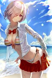 Rule 34 | 1girl, beach, bikini, blue sky, bow, bowtie, breasts, chromatic aberration, cleavage, cloud, commentary request, day, fate/grand order, fate (series), front-tie bikini top, front-tie top, hair over one eye, head tilt, highres, hip bones, large breasts, looking at viewer, mash kyrielight, mash kyrielight (swimsuit of perpetual summer ver.02), midriff, navel, numao sub, ocean, open clothes, open shirt, pink eyes, pink hair, pleated skirt, red bow, red bowtie, red skirt, school uniform, shirt, short hair, side-tie bikini bottom, skindentation, skirt, sky, smile, solo, striped bikini, striped clothes, swimsuit, swimsuit under clothes, undressing, water, wet, wet clothes, wet shirt, white shirt