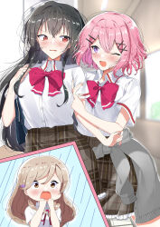 3girls ;d absurdres amaori_renako ashigaya_high_school_uniform bag black_hair blonde_hair blush bow breasts brown_eyes brown_skirt cardigan cardigan_around_waist chibi clothes_around_waist collared_shirt cowboy_shot d: grey_cardigan hair_ornament hairclip hallway hand_to_own_mouth highres holding_another&#039;s_arm indoors koto_satsuki large_breasts long_hair medium_breasts multiple_girls netorare o_o one_eye_closed open_mouth ozawa_sayori parallel_hairclips parted_lips pink_hair plaid_clothes plaid_skirt purple_eyes red_bow red_eyes red_ribbon reverse_netorare ribbon school school_bag school_uniform sena_ajisai shirt short_hair short_sleeves skirt smile standing surprised tearing_up watashi_ga_koibito_ni_nareru_wake_naijan_murimuri! white_shirt wide-eyed x_hair_ornament yuri