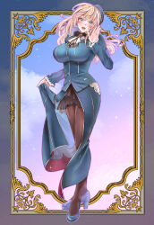 Rule 34 | 1girl, asyuri, atago (kancolle), beret, black pantyhose, black skirt, blonde hair, blue hat, blue shoes, blush, breasts, full body, fur collar, gradient background, green eyes, hat, high heels, highres, kantai collection, large breasts, long hair, looking at viewer, military, military uniform, open mouth, pantyhose, purple background, shoes, skirt, smile, solo