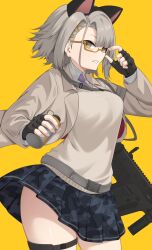 1girl absurdres act_(xadachit) adjusting_eyewear animal_ears black_gloves blazer brown_jacket brown_vest camouflage camouflage_skirt cat_ears collared_shirt commentary cowboy_shot english_commentary explosive fingerless_gloves from_behind girls&#039;_frontline girls&#039;_frontline_2:_exilium glasses gloves grenade grey_hair gun highres holding holding_grenade jacket kriss_vector looking_to_the_side medium_hair miniskirt necktie official_alternate_costume open_clothes open_jacket pleated_skirt purple_necktie school_uniform shirt sideways_glance simple_background skirt smile solo submachine_gun vector_(girls&#039;_frontline) vector_(girls&#039;_frontline_2) vector_(vivi_sometimes_hides_her_molotovs)_(girls&#039;_frontline_2) vest weapon white_background yellow-framed_eyewear yellow_background yellow_eyes