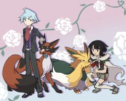 1boy 1girl alternate_color black_hair chinese_commentary cloak closed_mouth collared_shirt commentary_request flower gen_5_pokemon gen_8_pokemon highres long_sleeves necktie nintendo open-toe_shoes open_mouth over-kneehighs pants pokemon pokemon_(creature) pokemon_oras purple_vest red_eyes red_flower red_necktie shiny_pokemon shirt shoes short_hair shorts standing steven_stone stoutland thievul thighhighs vest white_shirt xlii_idk zinnia_(pokemon)