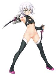 bottomless fate/apocrypha fate_(series) jack_the_ripper_(fate/apocrypha) knife navel no_panties pussy white_hair