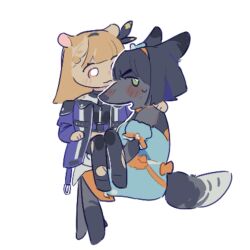 2girls :3 ampere_(love_live!) animal_ears bare_shoulders black_thighhighs blue_coat blue_dress blush carrying celebration!_(love_live!) coat commentary detached_sleeves dress english_commentary fox_ears fox_girl fox_tail full_body furrification furry furry_female furry_with_furry green_eyes hamster_girl highres invisible_chair kachimachi_kosuzu link!_like!_love_live! looking_at_another love_live! medium_dress momose_ginko multiple_girls nose_blush off-shoulder_coat off_shoulder official_alternate_costume open_clothes open_coat pink_eyes pipi_(m1x_mix) pointy_ears princess_carry profile puffy_short_sleeves puffy_sleeves shirt short_sleeves simple_background sitting sleeveless sleeveless_shirt strapless strapless_dress tail thighhighs torn_clothes torn_thighhighs virtual_youtuber white_background white_shirt yuri