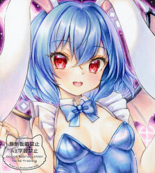 1girl alternate_costume animal_ears bat_wings blue_bow blue_bowtie blue_hair blue_leotard blush bow bowtie breasts commentary_request fangs leotard looking_at_viewer nekofish666 open_mouth playboy_bunny rabbit_ears red_eyes remilia_scarlet smile solo strapless strapless_leotard touhou traditional_media twitter_username watermark wings wrist_cuffs