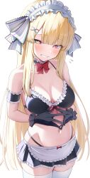 absurdres apron bemani bikini blonde_hair blush breasts gloves headdress highres kougei_ciel_nana lelex long_hair maid maid_apron maid_bikini medium_breasts multicolored_eyes rainbow_eyes sound_voltex standing swimsuit thighhighs unconventional_maid white_background white_thighhighs
