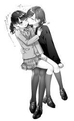 2girls biting biting_cheek blush collared_shirt commentary_request fukumaru_koito greyscale hair_ornament hairclip hand_on_another&#039;s_waist higuchi_madoka idolmaster idolmaster_shiny_colors jewelry kneehighs li_(12demonemui) loafers long_sleeves mole mole_under_eye monochrome multiple_girls neck_ribbon one_eye_closed pantyhose parted_lips plaid_clothes plaid_skirt ribbon shirt shoes short_hair sitting sitting_on_lap sitting_on_person skirt socks translation_request twintails yuri