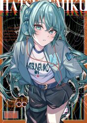 1girl absurdres aqua_eyes aqua_hair barcode belt blue_belt blush border character_name commentary cover english_text eyelashes fake_magazine_cover garan_(garan0502) hair_between_eyes hatsune_miku headphones highres jacket jewelry long_hair long_sleeves looking_at_viewer magazine_cover necklace open_clothes open_jacket orange_border pants parted_lips shirt solo torn_clothes torn_pants twintails very_long_hair vocaloid