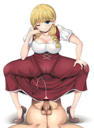 Rule 34 | 1boy, 1girl, assertive female, braid, breasts, cameltoe, censored, character request, clothed female nude male, cum, dragon quest, dress, ejaculation, erection, femdom, handsfree ejaculation, head out of frame, highres, msize, nude, one eye closed, penis, premature ejaculation, sitting, sitting on face, sitting on person, smile, solo focus, spread legs, twin braids, wink