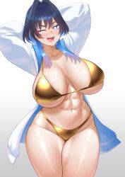 1girl abs absurdres alternate_costume bikini blue_eyes blue_hair blush breasts cipher4109 cleavage collarbone gold_bikini golden_week golden_week_bikini hair_between_eyes highleg highleg_bikini highres hololive hololive_english hood hooded_jacket huge_breasts jacket long_hair long_sleeves looking_at_viewer medium_hair multicolored_hair multicolored_jacket navel open_clothes open_jacket open_mouth open_shirt ouro_kronii satin_bikini shiny_swimsuit simple_background smile solo stomach swimsuit thighs two-tone_jacket virtual_youtuber white_background white_jacket wolf_cut