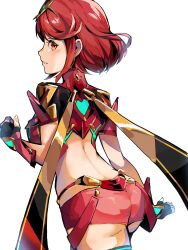 1girl 4me3ba_niku ass bob_cut hashtag-only_commentary highres looking_at_viewer looking_back median_furrow pyra_(xenoblade) red_hair short_hair simple_background smile solo tiara white_background xenoblade_chronicles_(series) xenoblade_chronicles_2