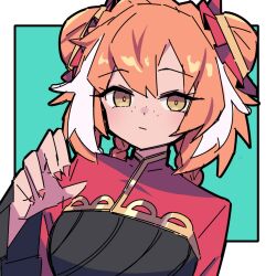 1girl an_apple_akaao aqua_background black_dress border braid chinese_clothes double_bun dress family_hierarch_candidate_(identity)_(project_moon) freckles hair_bun ishmael_(project_moon) limbus_company long_hair looking_at_viewer multicolored_hair orange_hair pink_nails project_moon red_shrug simple_background solo streaked_hair twin_braids upper_body very_long_hair white_border white_hair