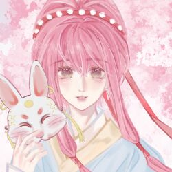 1girl blue_hanfu brown_eyes cherry_blossoms chinese_clothes chinese_commentary commentary_request crossed_bangs day earrings eyelashes floating_hair hair_between_eyes hair_ribbon hair_tubes hanfu happy highres holding holding_mask jewelry light_blush lipstick long_hair long_sleeves looking_at_viewer loose_hair_strand makeup mask mid-autumn_festival nikki_(nikki) nikki_(series) outdoors parted_lips pink_hair pink_lips qingxu rabbit_mask red_ribbon ribbon sleeves_past_wrists smile solo spring_(season) studded_hairband tree upper_body very_long_hair white_mask wind