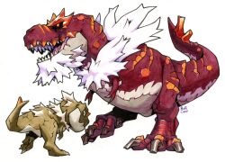black_sclera claws colored_sclera digitigrade dinosaur fangs fur_collar gen_6_pokemon glowing glowing_eyes looking_at_viewer looking_back nintendo open_mouth orange_eyes orange_scales pokemon pokemon_(creature) pokemon_focus railroadlion red_scales sharp_teeth skin_fangs tail teeth tyrantrum tyrunt white_fur