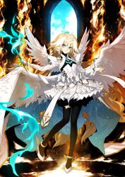 Rule 34 | 1girl, angel wings, anklet, black pantyhose, black shirt, blonde hair, blue cape, blue fire, blue sky, breasts, bridal gauntlets, cape, closed mouth, cloud, collared shrug, dress, expressionless, fate/grand order, fate (series), feathered wings, fiery background, fire, floating hair, game cg, hands up, headpiece, high heels, holding, jeanne d&#039;arc (fate), jewelry, juliet sleeves, knees together feet apart, konoe ototsugu, leg up, long hair, long sleeves, looking at viewer, low wings, metatron jeanne (fate), metatron jeanne (third ascension) (fate), multiple wings, object request, official art, outstretched arms, pantyhose, puffy sleeves, shirt, shoes, short dress, shrug (clothing), sky, small breasts, solo, stiletto heels, third-party source, turtleneck, two-sided cape, two-sided fabric, very long hair, white cape, white dress, white shoes, white shrug, white wings, winged shoes, wings, yellow eyes