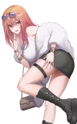 1girl :d absurdres ahoge alternate_costume ass bag belt bent_over black_boots black_skirt boots bracelet colored_inner_hair commentary crossed_bangs earrings english_commentary eyewear_on_head fingernails fur_jacket gradient_hair hair_ornament hairclip hand_on_own_hip hand_up handbag highres hololive hololive_dev_is ichijou_ririka index_finger_raised jacket jewelry knee_boots long_fingernails long_hair miniskirt multicolored_hair multiple_rings nail_polish off_shoulder open_mouth orange_eyes orange_hair panties pantyshot pencil_skirt pink_hair pink_nails platform_boots ring simple_background skirt smile solo steelball_(jwk76806995) sunglasses tank_top thigh_belt thigh_strap underwear virtual_youtuber white_background white_jacket white_panties white_tank_top