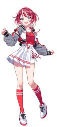1girl aqua_eyes belt full_body highres idolmaster idolmaster_va-liv jacket kneehighs looking_at_viewer miniskirt morikura_en multicolored_hair official_art open_clothes open_jacket open_mouth red_hair red_shirt red_socks shirt shoes short_hair skirt sneakers socks solo streaked_hair tachi-e tomori_manaka virtual_youtuber white_background white_skirt
