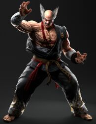 1boy 3d absurdres arm_out_of_sleeve arm_up balding barefoot black_jacket black_pants brown_eyes dougi facial_hair full_body furrowed_brow grey_background grey_hair grin highres jacket karate_gi legs_apart looking_at_viewer male_focus mishima_heihachi mustache non-web_source official_art old old_man pants smile solo standing tekken tekken_8 v-shaped_eyebrows veins