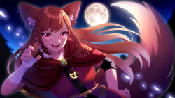1girl 60mai animal_ear_fluff animal_ears arm_wrap body_eater braid breasts capelet commission dress full_moon gradient_hair green_brooch indie_virtual_youtuber moon multicolored_hair night night_sky open_mouth orange_hair pink_dress pink_eyes pouch red_capelet skeb_commission sky smile solo tail teeth upper_teeth_only virtual_youtuber white_hair wolf_ears wolf_girl wolf_tail