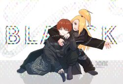 2boys :p absurdres asymmetrical_bangs black_nails black_pants black_shirt blonde_hair blue_eyes deidara_(naruto) english_text eyeliner green_nails grey_eyes happy high_ponytail highres hug hug_from_behind jacket long_hair long_sleeves makeup male_focus miomu4 multiple_boys naruto_(series) naruto_shippuuden official_alternate_costume open_clothes open_jacket pants ponytail red_hair sasori_(naruto) shirt short_hair simple_background sitting smirk tongue tongue_out watermark