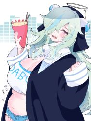Rule 34 | 1girl, absurdres, belly, black coif, black dress, blue shorts, blush, breasts, cleavage, commentary request, crepe, doubliel, dress, fake halo, food, hair between eyes, halo, highres, hiyotarochan, holding, holding crepe, holding food, horns, large breasts, long bangs, long hair, long sleeves, looking at viewer, mahjong fight girl, navel, open clothes, open dress, open fly, open mouth, plump, pocky, short shorts, shorts, solo, sports bra, upper body, white horns, white sports bra