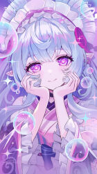 1girl absurdres bare_shoulders blue_hair bubble closed_mouth commentary_request detached_sleeves fingernails frilled_hairband frilled_sleeves frills genshin_impact hairband hands_on_own_cheeks hands_on_own_face highres japanese_clothes kimono long_hair looking_at_viewer maid maria_(maria_rose) pink_kimono pink_pupils pointy_ears purple_eyes smile solo sparkle upper_body wa_maid wide_sleeves yumemizuki_mizuki