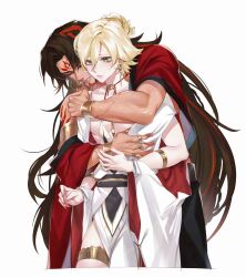 2boys absurdres arm_tattoo asura_(onmyoji) black_hair blonde_hair closed_eyes closed_mouth cowboy_shot earrings eyeliner facial_mark fingernails height_difference highres hug hug_from_behind jewelry konsai_2 light_blush long_hair makeup male_focus multicolored_hair multiple_boys multiple_rings muscular muscular_male nail_polish onmyoji red_eyeliner red_hair red_tattoo ring sharp_fingernails short_hair simple_background streaked_hair taishakuten_(onmyoji) tattoo thighs toned toned_male two-tone_hair veins veiny_arms veiny_hands white_background yaoi yellow_nails