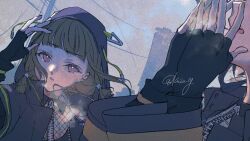 Rule 34 | 2girls, black coat, black gloves, blue sky, blunt bangs, brown hair, coat, commentary, eyes out of frame, fingerless gloves, gloves, hand up, head out of frame, highres, hood, hood up, i my mayday, kachimachi kosuzu, kuzia (atarayo), link! like! love live!, long sleeves, love live!, low twintails, multiple girls, murano sayaka, official alternate costume, open mouth, outdoors, pink eyes, short twintails, signature, sky, twintails, twitter username, utility pole, virtual youtuber, warming hands