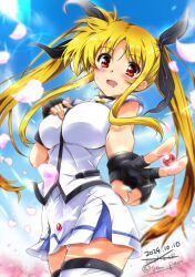 Rule 34 | 1girl, alternate costume, black gloves, blonde hair, blush, breasts, dated, fate testarossa, fingerless gloves, gloves, hair ribbon, large breasts, long hair, lyrical nanoha, mahou shoujo lyrical nanoha strikers, microskirt, open mouth, outdoors, panties, pantyshot, raising heart, red eyes, ribbon, saliva, san-pon, signature, skirt, sky, smile, solo, thighhighs, twintails, underwear, white panties, white thighhighs