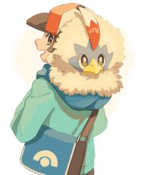 1boy bag baseball_cap bird blue_bag brown_hair closed_mouth commentary_request creatures_(company) game_freak gen_5_pokemon green_jacket hat highres hilbert_(pokemon) jacket looking_back male_focus nintendo open_mouth pokemon pokemon_(creature) pokemon_bw rufflet short_hair shoulder_bag smile torinoko_(miiko_draw)
