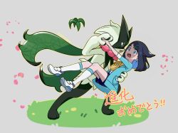 1girl black_hair blue_eyes blush carrying colored_inner_hair commentary_request eye_contact eyelashes grass grey_background hair_ornament hairclip highres holding_hands jacket liko_(pokemon) looking_at_another meowscarada multicolored_hair nintendo open_clothes open_jacket open_mouth pokemon pokemon_(anime) pokemon_(creature) pokemon_horizons shirt shoes shorts socks swept_bangs tongue translation_request white_shoes white_socks yellow_bag yibuzhai