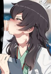 1boy 1girl ^^^ absurdres ameku_takao ameku_takao_no_suiri_karte bar_censor black_hair blurry blurry_background censored commentary_request deepthroat doctor fellatio heart heart-shaped_pupils hetero highres medium_hair mizumizuni oral penis red_eyes solo_focus symbol-shaped_pupils upper_body