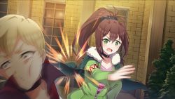 Rule 34 | blonde hair, blush, breasts, brown hair, choker, commentary request, dust (konosuba), green eyes, jacket, kono subarashii sekai ni shukufuku wo!, lean (konosuba), long hair, looking at viewer, official art, open mouth, ponytail, slapping, small breasts