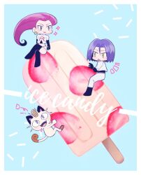 1boy 1girl animal_ears blue_background blue_hair cat_ears cat_tail chibi crossed_legs earrings food gen_1_pokemon green_eyes heart james_(pokemon) jessie_(pokemon) jewelry jogurtti meowth nintendo open_mouth oversized_food oversized_object pokemon pokemon_(anime) pokemon_(creature) popsicle sitting sparkle sphere_earrings tail team_rocket team_rocket_uniform