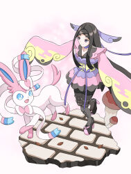 Rule 34 | 1girl, absurdres, black hair, closed mouth, collarbone, commentary request, enzan (midori t0905), gen 6 pokemon, hair ornament, high heels, highres, japanese clothes, kimono, leaf, long hair, long sleeves, nintendo, pantyhose, parted bangs, pink kimono, pokemon, pokemon (creature), pokemon xy, sash, sidelocks, smile, split mouth, standing, sylveon, valerie (pokemon), yellow sash