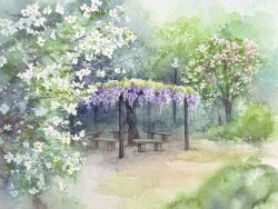 Rule 34 | bench, bush, day, grass, highres, lamppost, no humans, ooy33151086, original, outdoors, painting (medium), park, scenery, snow shelter, traditional media, tree, utility pole, watercolor (medium)