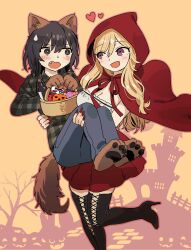 2girls absurdres alcohol_and_ogre-girls animal_ears animal_feet animal_hands black_boots black_hair blonde_hair blush boots breasts carrying carrying_person commentary_request dog_ears dog_tail fang halloween halloween_bucket heart highres ibuki_hinata long_hair looking_at_another multiple_girls nail_polish official_art open_mouth princess_carry purple_eyes red_hood red_nails red_skirt shida_naori short_hair skirt smile tail thigh_boots zinbei
