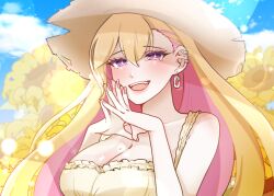 Rule 34 | 1girl, alternate costume, artist request, blonde hair, blue sky, boryeon (last origin), breasts, cleavage, dress, ear piercing, earrings, field, flower, flower field, haguuu18, hat, jewelry, large breasts, last origin, looking at viewer, mole, mole on breast, multicolored hair, own hands clasped, own hands together, piercing, purple hair, sky, solo, sun hat, sundress, sunflower, sunflower field, two-tone hair