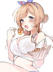 1girl absurdres bikini blue_eyes blush breasts brown_eyes cleavage commentary_request eating food gakuen_idolmaster hair_bun highres himesaki_rinami holding holding_skewer idolmaster kimi_to_semi_blue_(idolmaster) large_breasts long_hair riori_(fhex2232) simple_background single_side_bun skewer solo sweatdrop swimsuit takoyaki white_background white_bikini