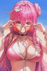 1girl absurdres adjusting_eyewear antenna_hair bikini black_choker blue_sky braid breasts choker cleavage closed_mouth commentary crown_braid day doro_(nikke) dorothy_(nikke) fingernails flower-shaped_hair goddess_of_victory:_nikke hair_between_eyes hair_bun hair_intakes highres jewelry jindogod large_breasts long_hair looking_at_viewer necklace orange-tinted_eyewear pink_bikini pink_hair purple_eyes single_hair_bun single_side_bun sky smile swimsuit tinted_eyewear upper_body
