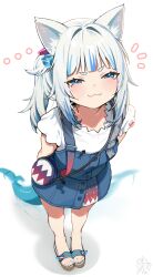 1girl :3 animal_ear_fluff animal_ears arms_behind_back bag blue_dress blue_eyes blue_hair blue_nails blunt_bangs cat_ears cube_hair_ornament dress fins fish_tail full_body gawr_gura gawr_gura_(casual) grey_hair hair_ornament highres hololive hololive_english leaning_forward long_hair looking_at_viewer multicolored_hair nail_polish official_alternate_costume official_alternate_hairstyle pinafore_dress sandals shark_girl shark_tail shirt short_dress short_eyebrows short_sleeves shoulder_bag side_ponytail simple_background sleeveless sleeveless_dress smile smug solo streaked_hair tail tenchi_mayo toenail_polish toenails two-tone_hair virtual_youtuber white_background white_shirt