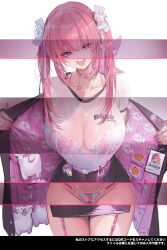 1girl absurdres belt belt_collar black_skirt blush bra breasts choker coat collar collarbone dishwasher1910 doro_(nikke) dorothy_(nikke) fingernails gluteal_fold goddess_of_victory:_nikke hair_between_eyes hair_ribbon heart heart_collar heart_in_eye highres huge_breasts id_card long_hair long_sleeves looking_at_viewer nail_polish navel open_clothes open_coat open_mouth panties pink_belt pink_bra pink_choker pink_coat pink_collar pink_eyes pink_garter_straps pink_hair pink_nails pink_panties ribbon see-through_clothes see-through_shirt shirt skirt smile solo stomach symbol_in_eye thighs tongue twintails underwear upper_body white_background white_ribbon white_shirt