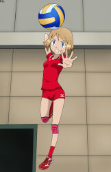 Rule 34 | 1girl, alternate hair length, alternate hairstyle, arm behind head, ball, blonde hair, blue eyes, breasts, clenched teeth, crease, determined, eyelashes, fankifalu, feet up, female focus, full body, highres, jumping, knee pads, legs, looking at object, mizuno (brand), neck, nintendo, outstretched hand, parted lips, pokemon, pokemon (anime), red shirt, red shorts, red socks, scan, serena (pokemon), shirt, shoes, short shorts, shorts, sidelocks, small breasts, sneakers, socks, sportswear, swept bangs, t-shirt, teeth, thighs, tight clothes, v-shaped eyebrows, volleyball (object), volleyball uniform