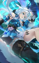 1girl absurdres black_thighhighs blue_dress blue_eyes blue_hair breasts cerydra_(honkai:_star_rail) commentary crown detached_sleeves dress hair_intakes highres honkai:_star_rail honkai_(series) long_hair medium_breasts open_mouth otabaaa single_thighhigh solo thighhighs thighs wings