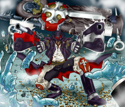 1boy ammunition_belt belt beyond_the_grave black_coat brown_hair bullet chain coat coffin cowboy_hat dual_wielding glasses gun gungrave handgun hat highres holding jacket leather vehicle1026 weapon