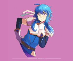 1girl ahoge armor belt blue_hair breastplate breasts commission commissioner_upload elbow_gloves fire_emblem fire_emblem:_genealogy_of_the_holy_war gloves hand_on_own_chin hand_on_own_hip headband highres if_they_mated larcei_(fire_emblem) looking_at_viewer nintendo one_eye_closed original pelvic_curtain popped_collar purple_eyes rod_langhi sash seliph_(fire_emblem) short_hair shoulder_armor sidelocks simple_background sleeveless smile solo standing tomboy tunic white_headband