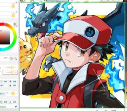 1boy art_program_in_frame backpack bag blue_fire brown_eyes buttons charizard closed_mouth coat fire gen_1_pokemon hand_on_headwear hat highres looking_to_the_side male_focus mega_charizard_x mega_pokemon nintendo official_alternate_costume pikachu pokemon pokemon_(creature) pokemon_masters_ex red_(pokemon) red_(sygna_suit)_(pokemon) red_coat red_hat shirt short_hair tako2_eaka three-quarter_sleeves twitter_username watermark