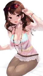 1girl breasts brown_eyes brown_hair brown_pants cait_aron cleavage collarbone earrings eyewear_on_head highres hoop_earrings jewelry kujikawa_rise large_breasts long_hair looking_at_viewer multicolored_clothes multicolored_shirt necklace open_mouth pants persona persona_4 see-through_clothes shirt simple_background sitting sleeveless sleeveless_shirt smile solo striped_clothes striped_shirt sunglasses white_background